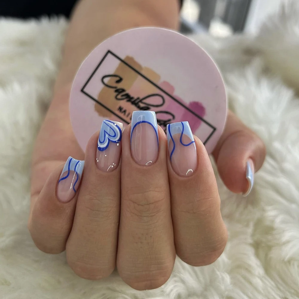 24pcs Medium Square Blue Highlight Nails Sweety Colored Wear Nails Love Design Press On Fake Nails For Girl Mother Women Gift