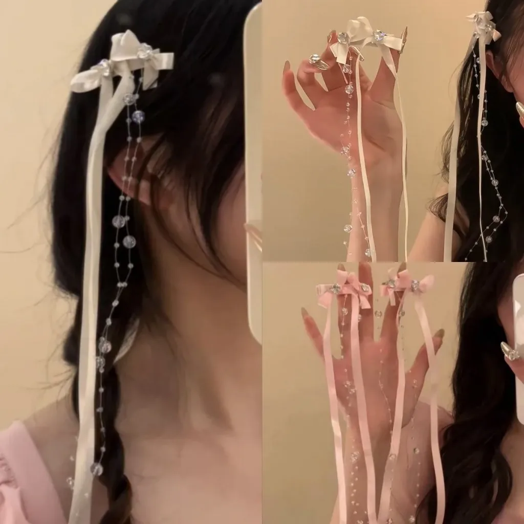 Ribbon Glass Beaded Bow Tassel Hair Clip Women Korean Y2K Fashion Solid Color Hairpin Girls Party Headwear Side Clips - Detail 1