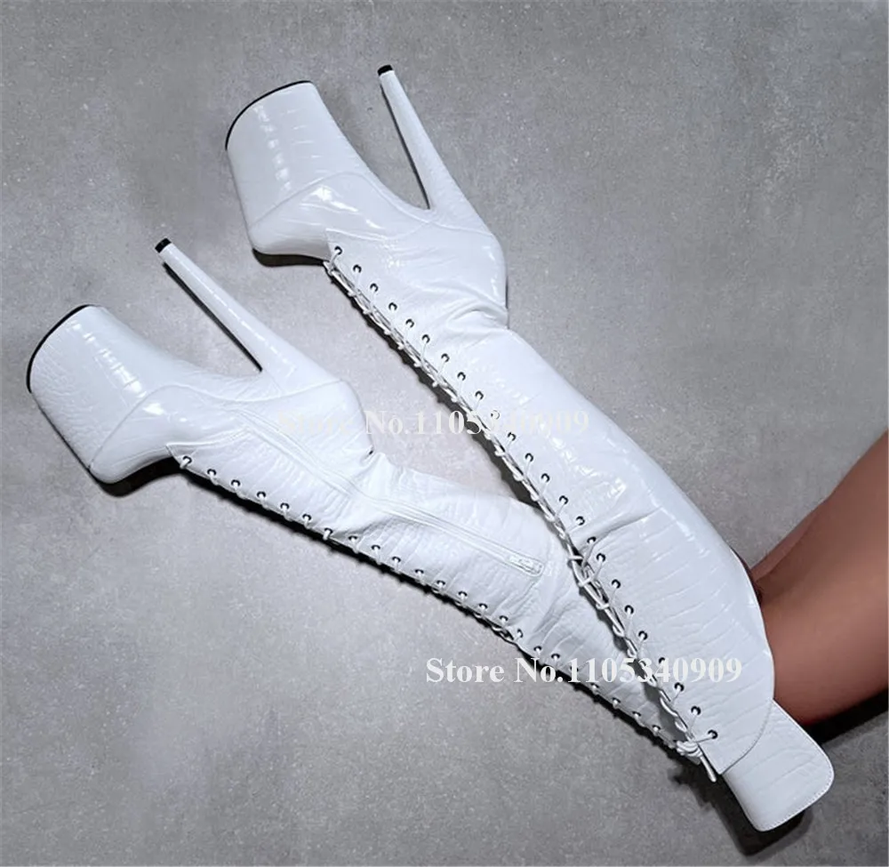 Bondarenko White Black Silver Snakeskin Pattern Leather Thin Heel Over Knee Boots Round Toe High Platform Thin Heel Dance Shoes