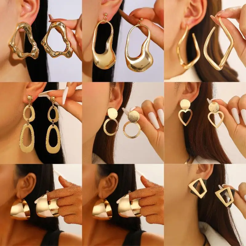 1Pairs Gold Plated Geometric Dangle Earrings Unique Irregular Design Hypoallergenic For Daily Wear And Special Occasions