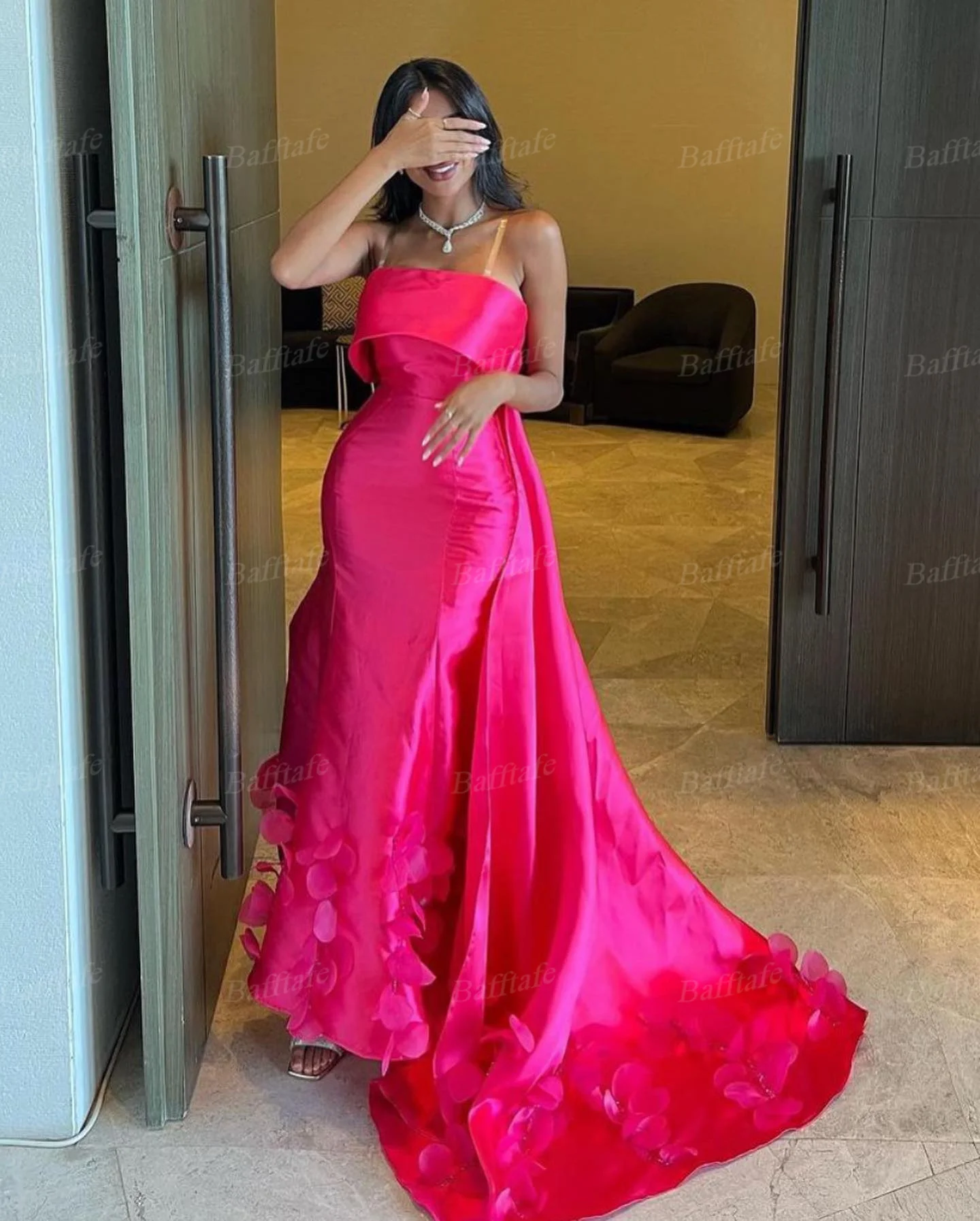 Mermaid Fuchsia Satin Arabic Evening Dresses With Train Leaves Customized Women Formal Party Gowns Special Prom Celebrity Dress