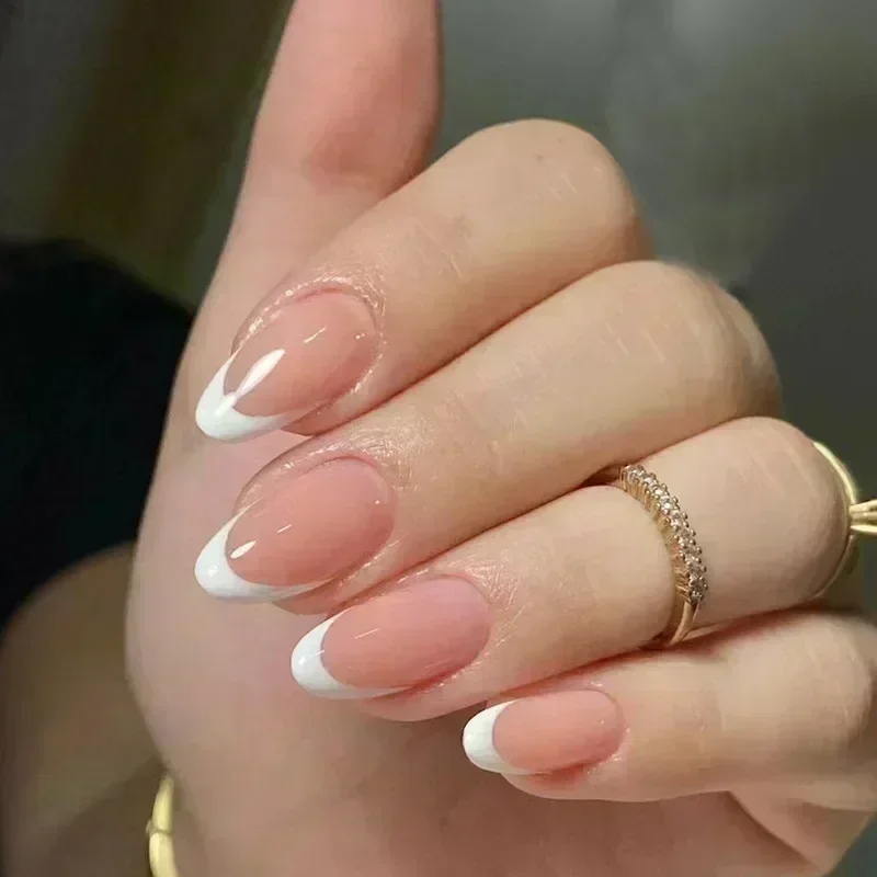 24Pcs Short Almond Press on nails French Tips Press on nails False Nails Simple Rose Full Cover Wearable Fake Nail Tips Art