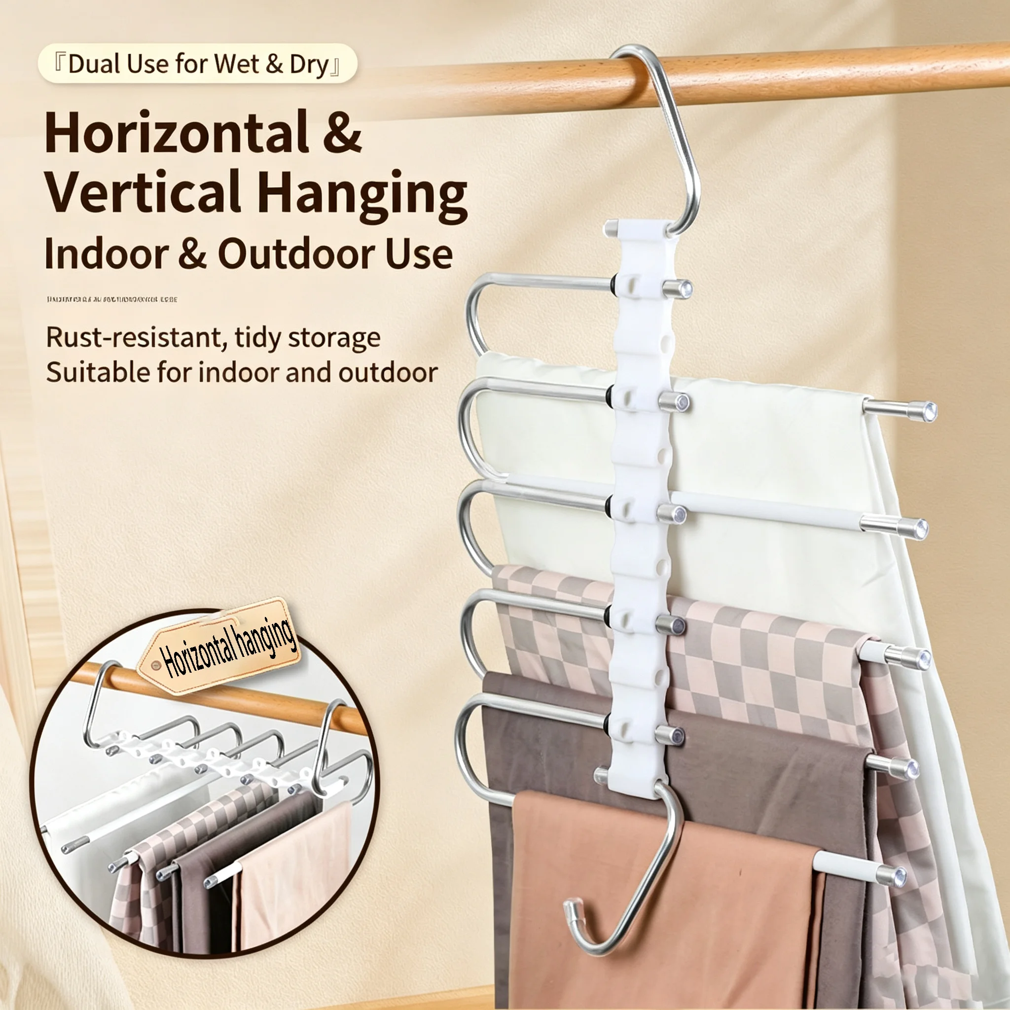 1 Piece/2 Pieces Stainless Steel 5-Layer Magic Pants Hanger - Heavy-Duty Multi-Layer Pants Rack with Non-Marking Magic Clips, Multifunctional Foldable Space-Saving Closet Organizer, Suitable for Horizontal Bars/Ceiling, Adjustable Rod, Suitable for Home/Office/Hotel