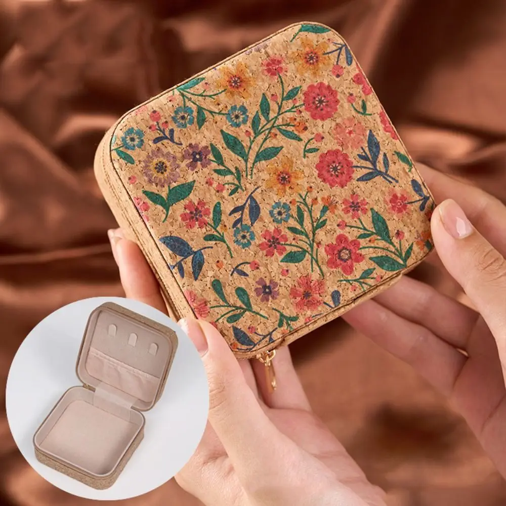 Kurkhout Sieraden Opbergdoos Vierkante vorm met Rits Cosmetische Houder Dubbele Doos Bedrukte Ketting Vitrine Reisbenodigdheden