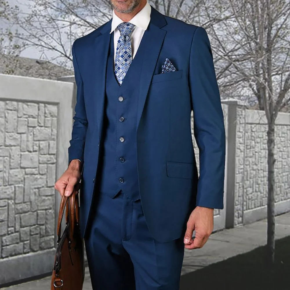 

Classic Blue Suit For Men Business Work Clothes Office Formal Slim fit Blazer Pants Vest 3-piece Set Groom Wedding Tuxedo