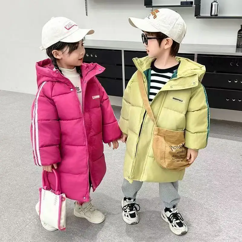 

Boys Girls Winter Hooded Jacket Thin Long Sleeve Puffer Coat Unisex Casual Warm Cotton-Silk Filled Casual Outerwear 100-160CM