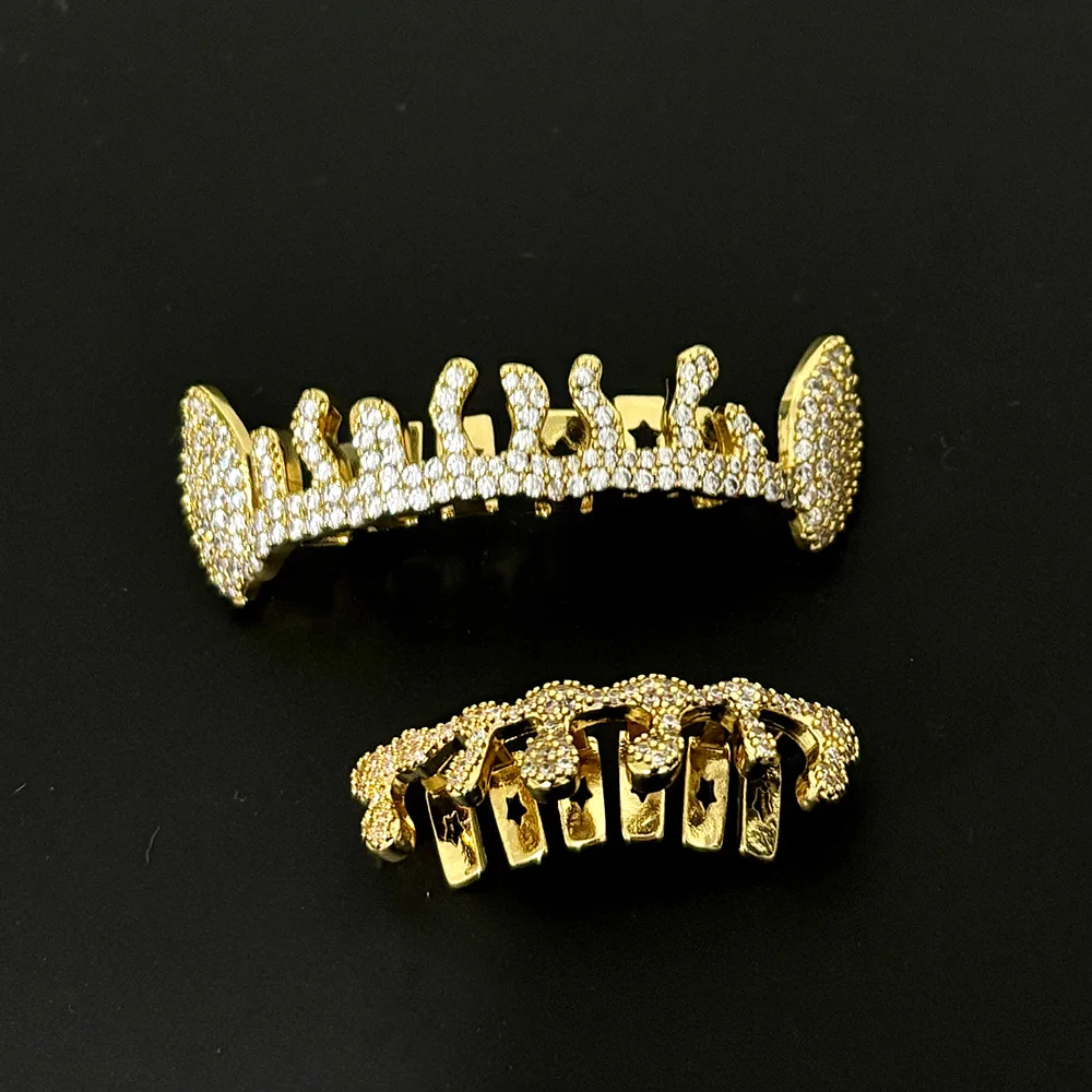 ELZ-CZ Stone Flame Teeth, Full Iced Out, Grillz Braces, Hip Hop Cubic Zunderes on Water Droplet Tooth Caps for Women and Men, Jewelry, R156