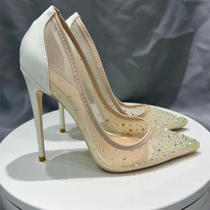 Tikicup Glossy White Back Women Gauze Rhinestones Pointy Toe High Heel Shoes for Wedding Bridal Elegant Slip On Stiletto Pumps