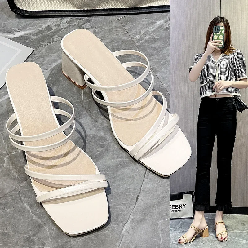 

Women Sandals Ladies Square Heels Elegant Summer Slippers Outside Cross Tied Leather Female Slides Fashion Woman Sandals