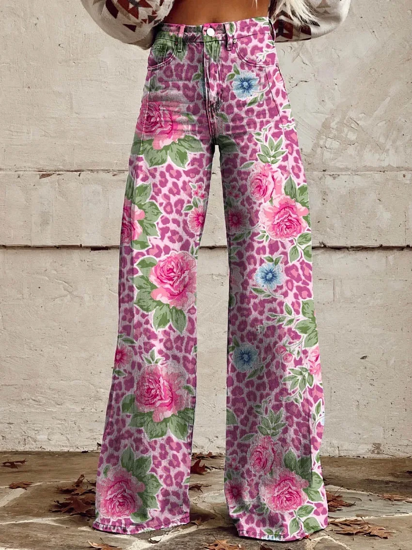 

New Vintage Gradient Imitation Jeans Women's Wide Leg New Fashion High Waist Casual Retro Punk Women 3D Printed Imitation Jeans