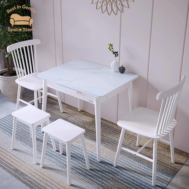 Slate dining table household small apartment retractable bright light modern simple light luxury new folding solid wood dining