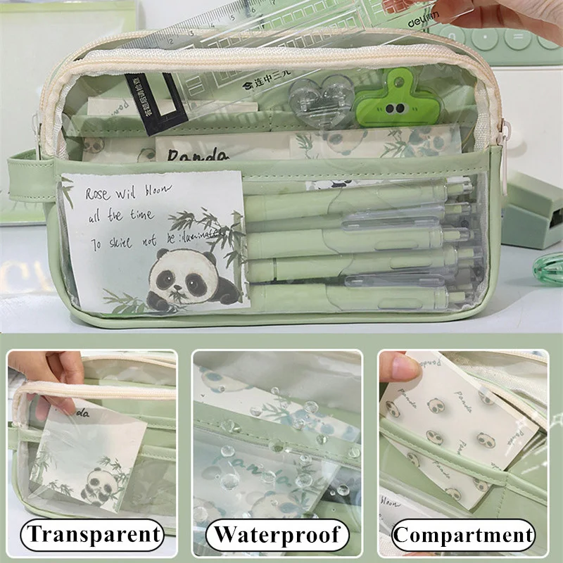 Imagem -04 - Kawaii Transparente 3-layer Papelaria Pouch Pen Case Grande Capacidade para o Estudante Organizador de Material Escolar Bolsas de Lápis de Pvc