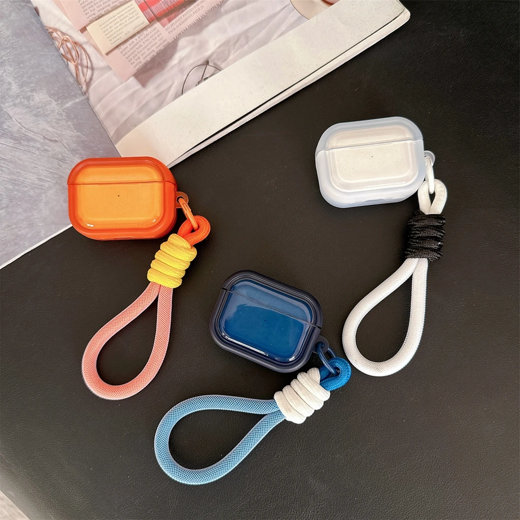 Minimalist Semi-Transparent With Woven Lanyard With Pendant Shock Proof Earphone Cover Case for AirPods 1 or 2 3 4 5 Pro 2 Pro 3