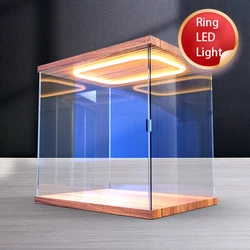 Walnut Color Acrylic Clear Display Case with Ring LED Lights for Car Model, Storage Box with for Collections, Figure Showcase