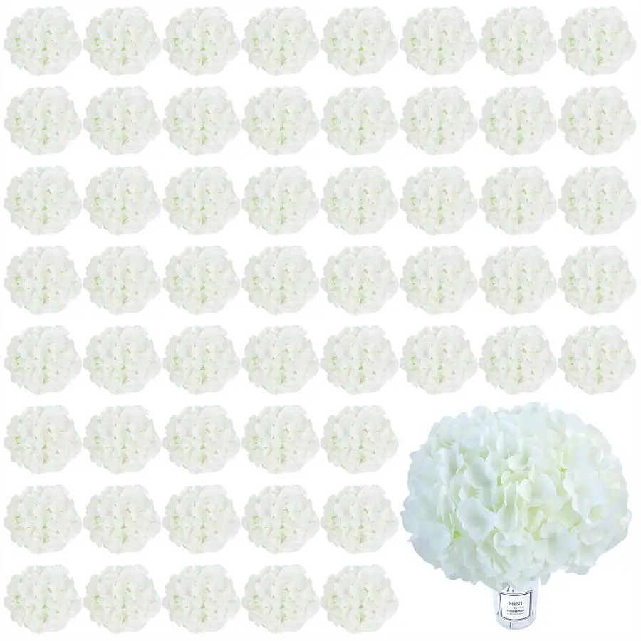 

60 шт. Искусственные гортензии оптом, цветы из шелка цвета слоновой кости, полностью искусственные, с стеблями, белые искусственные головки цветов для свадьбы