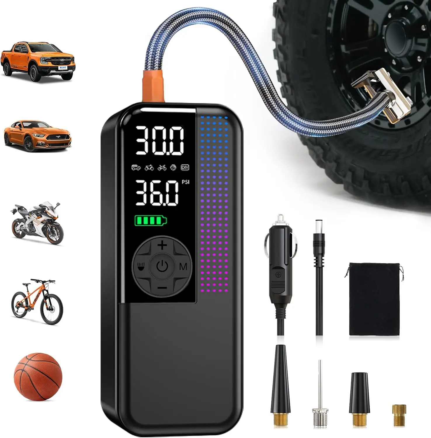 

Portable tire inflator, 150 PSI cordless air pump, dual power supply 6000mAh, 12V DC car charger plug, LED light