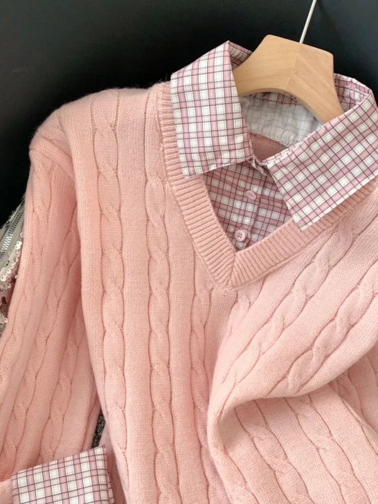 Koreaanse College Sle Twisted Knit Sweater Kraag Nep Tweedelige Dames Herfst Winter Zoete Roze Geruite Patchwork Top