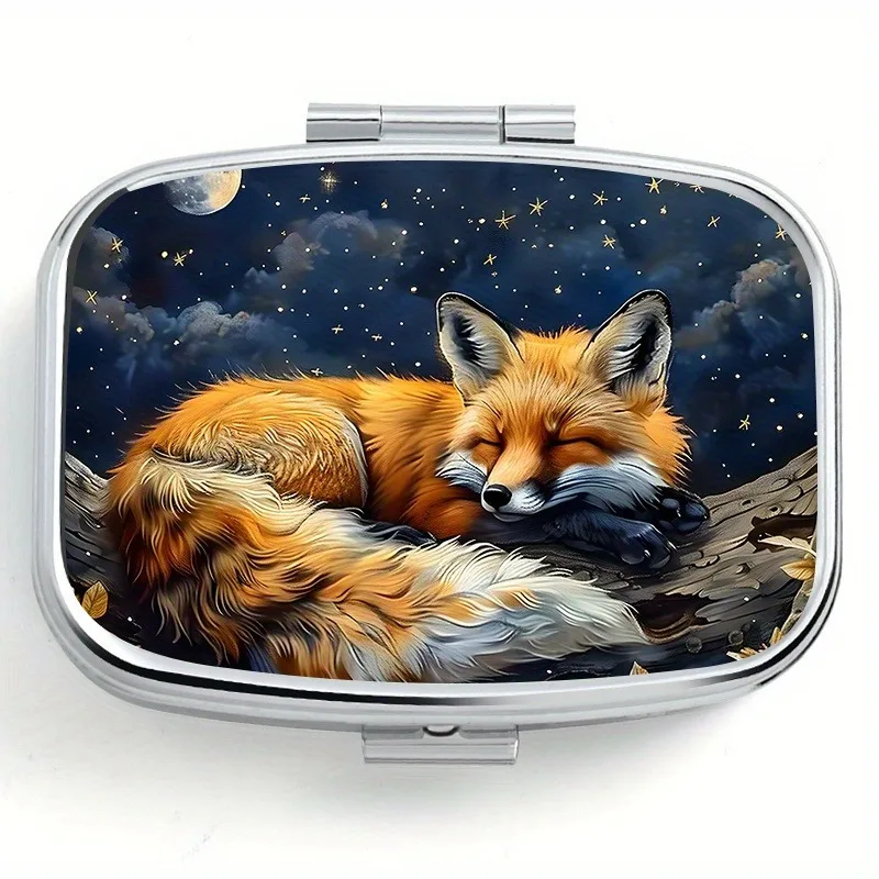 Charming Fox Pattern Medicine Box - Compact 2-Grid Moisture-proof Sealed Storage Box, Portable Metal Medicine and Vitamin Box