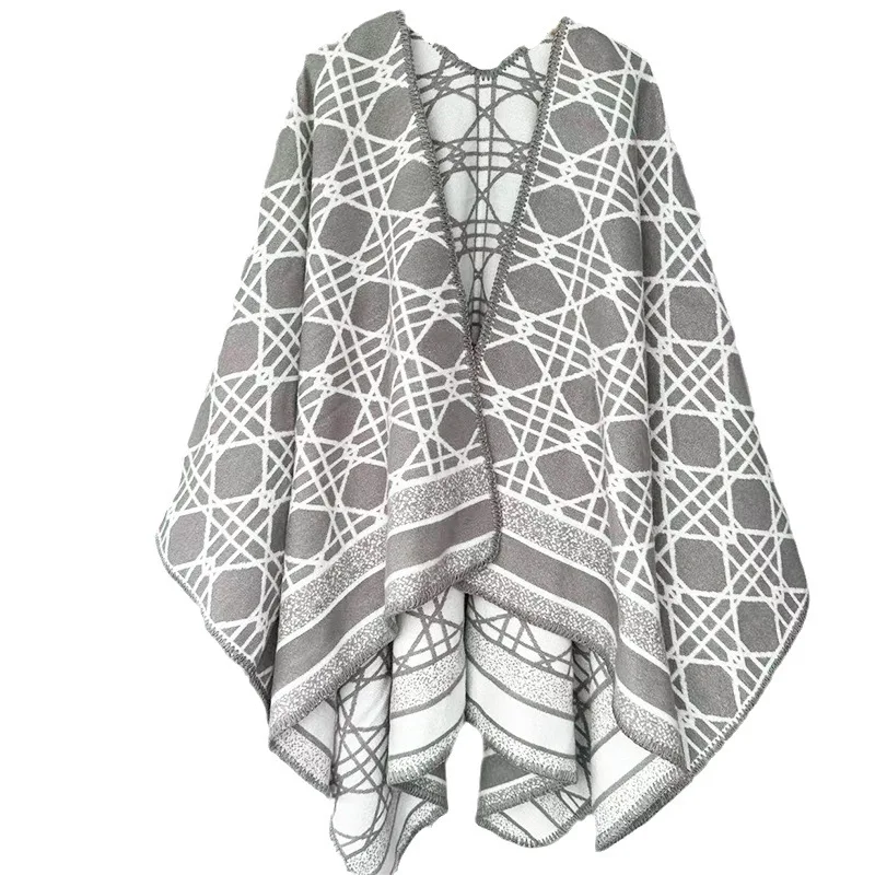 Poncho Cloak Shawl New European and American Style Fashion Versatile Thickened Warm Cloak Imitation Cashmere Lady Cardigan Gray