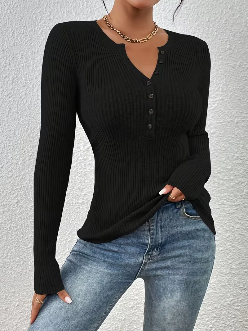 

Women's slim-fit long-sleeve solid-color button placket, soft and stretchy casual semi-formal pullover top for spring and autumn