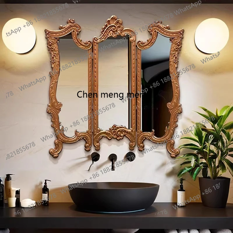 Retro tri-fold bathroom mirror wall hanging, carved, porch bedroom folding decorative mirror