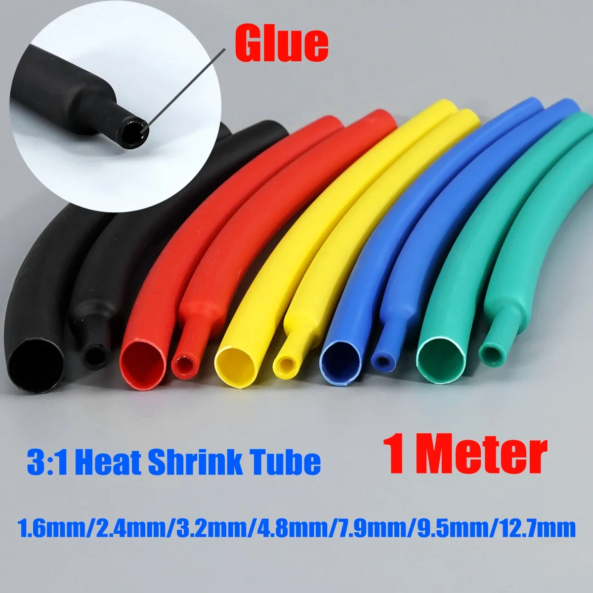 1M 3:1 Heat Shrink Tube Thick Glue Dual Wall Shrinkable Tubing Diameter 1.6/2.4/3.2/4.8/6.4/7.9/9.5/12.7mm