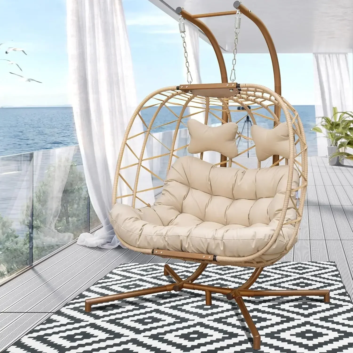 

Indoor Outdoor Oversized Double Hanging Egg Chair with Stand, Foldable , PE Wicker Loveseat Hammock Chair (Beige/Beige, 2 Seats)