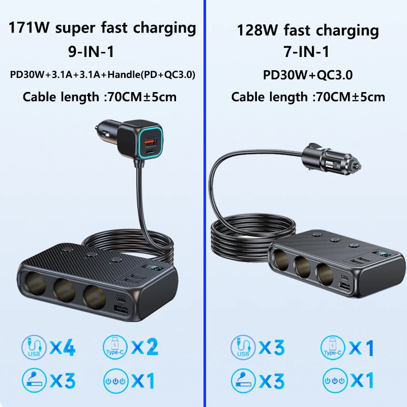 171W/128W Car Charger Adapter 9 In 1 Cigarette Lighter Splitter PD30W/QC 3.0 Independent Switches USB Type C Cigarette Outlet