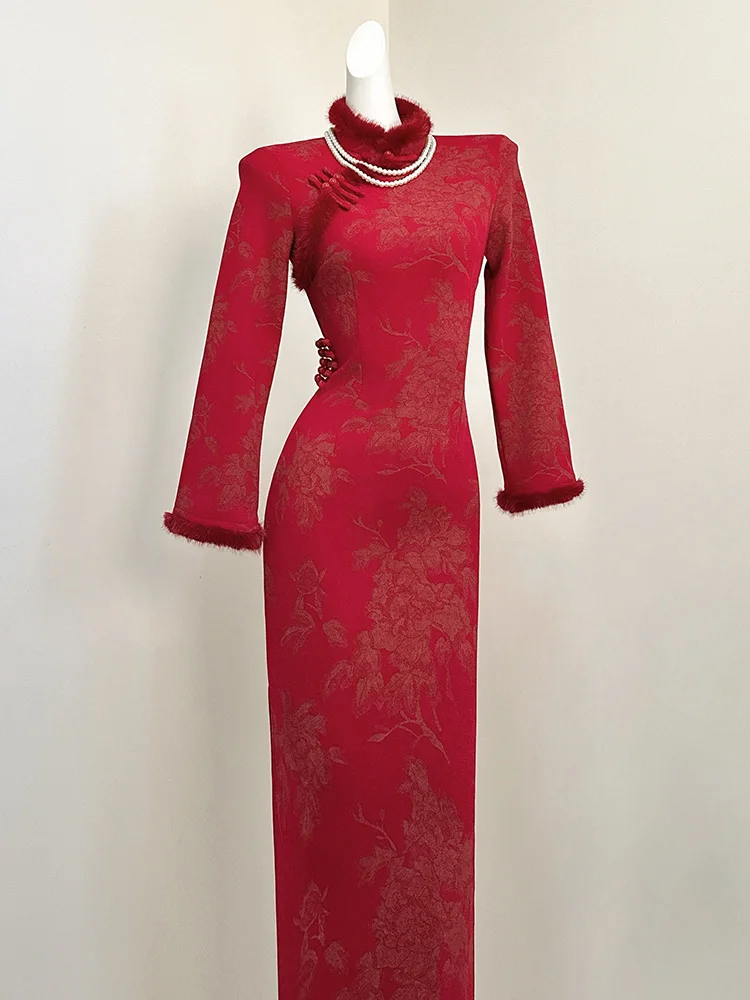 

Red Long Sve Fro Coat Wedding Dr New Chinese Sle Women's New Year's War Robe Fce Lined Ele Midi Qipao for En...