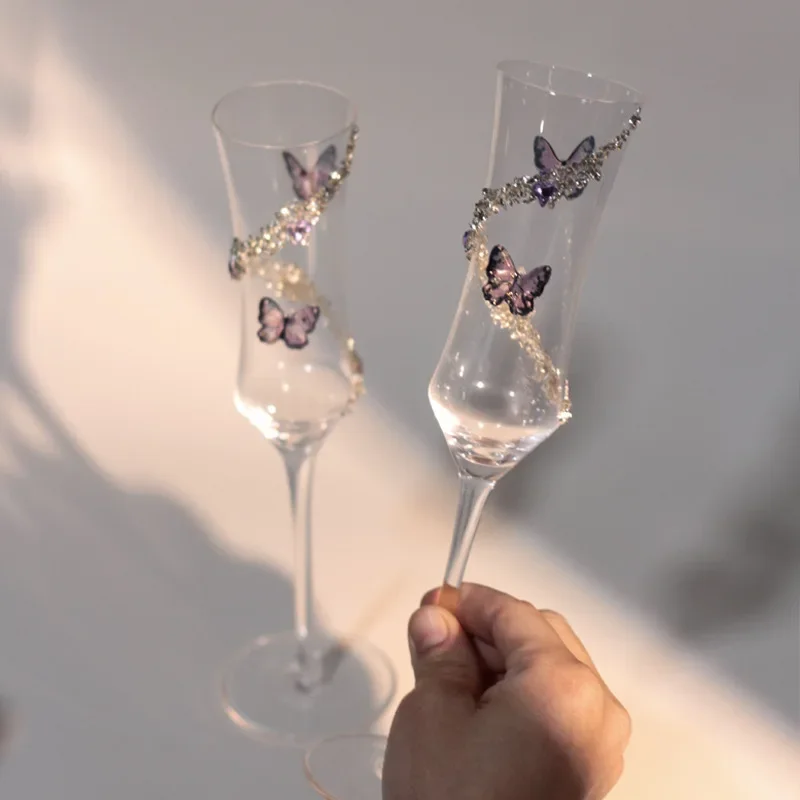 Butterfly Diamond Champagne Glass High-end Glass Goblet Wedding Toast Glass High-Pretty Wedding Gift