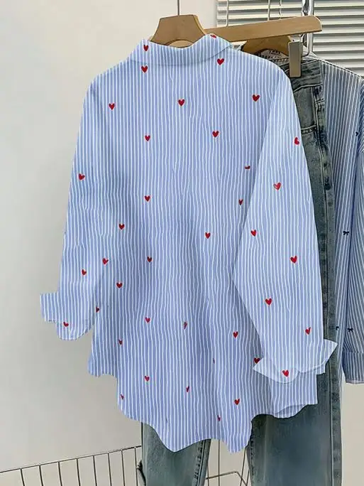 Gestreiftes Langarmshirt für Damen, Blauer Hemd-Cardigan im Herbst-Pendler-Stil im Herbst 2025,