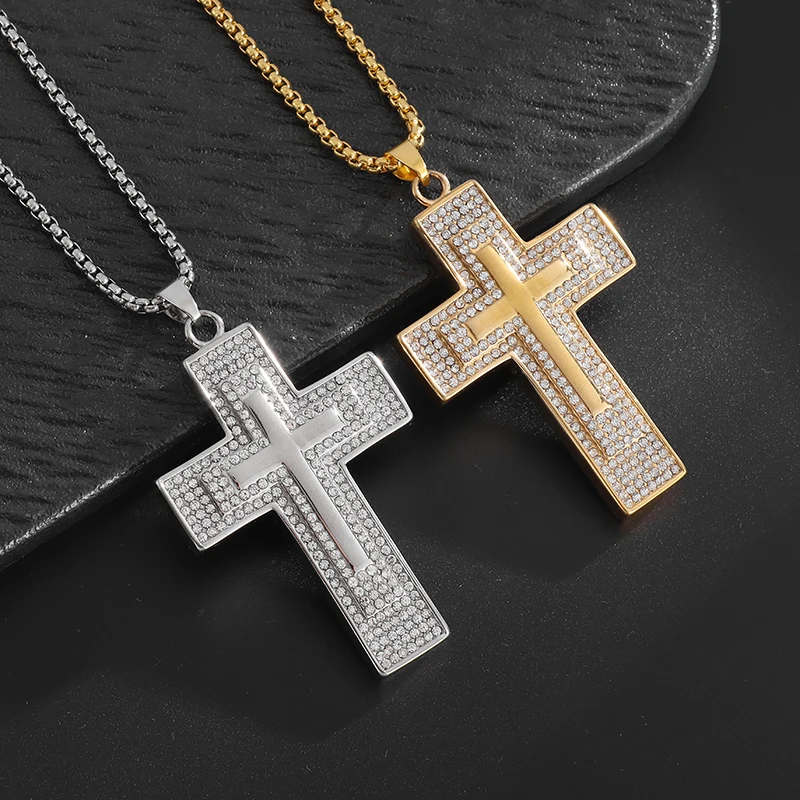 Fashion Shiny Zircon Cross Pendant Necklace for Men Women Simple Hip Hop Religious Believers Jewelry Gift