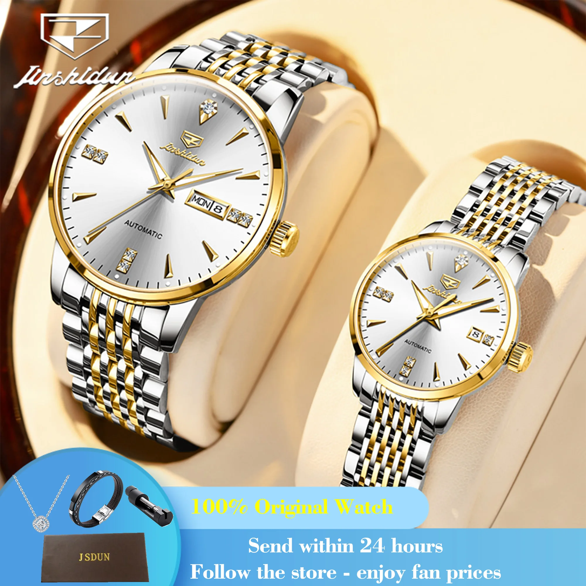 JSDUN 8943 Simple Business Mechanical Couple Watch Calendar Deep Waterproof Dress Wristwatch Fashion Original Automatic Watches