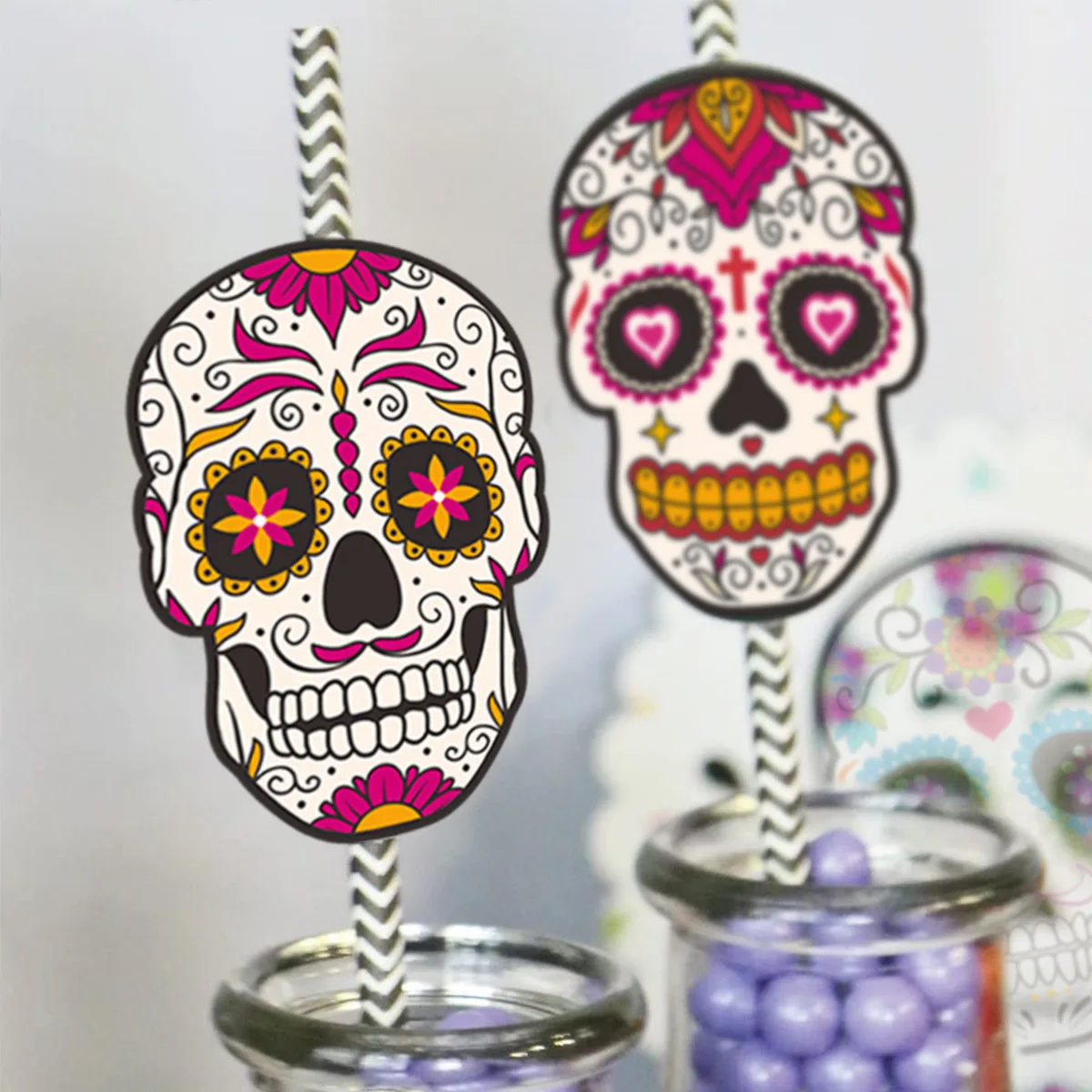 24Pcs Skull Disposable Paper Drinking Cocktail Juice Wine Straw Tableware for Mexican Day of The Dead Halloween Party Decoration