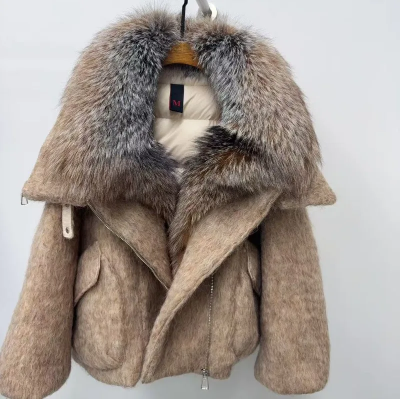 

Winter Big Fox Fur Collar Cashmere Down Jacket Women's Wool Short Coat Thicken Warm Outerwear Streetwear White Goose Down Coats