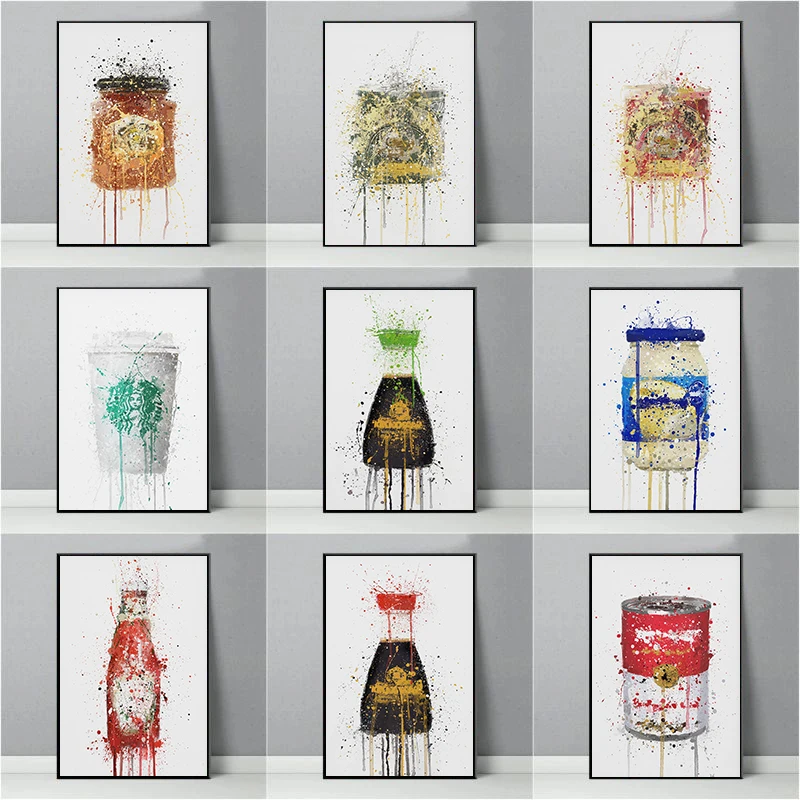 Watercolor Utensil Poster Teacup Coffee Cup Honey Jar Butter Tomato Ketchup Canvas Painting Wall Art Picture Kitchen Home Decor