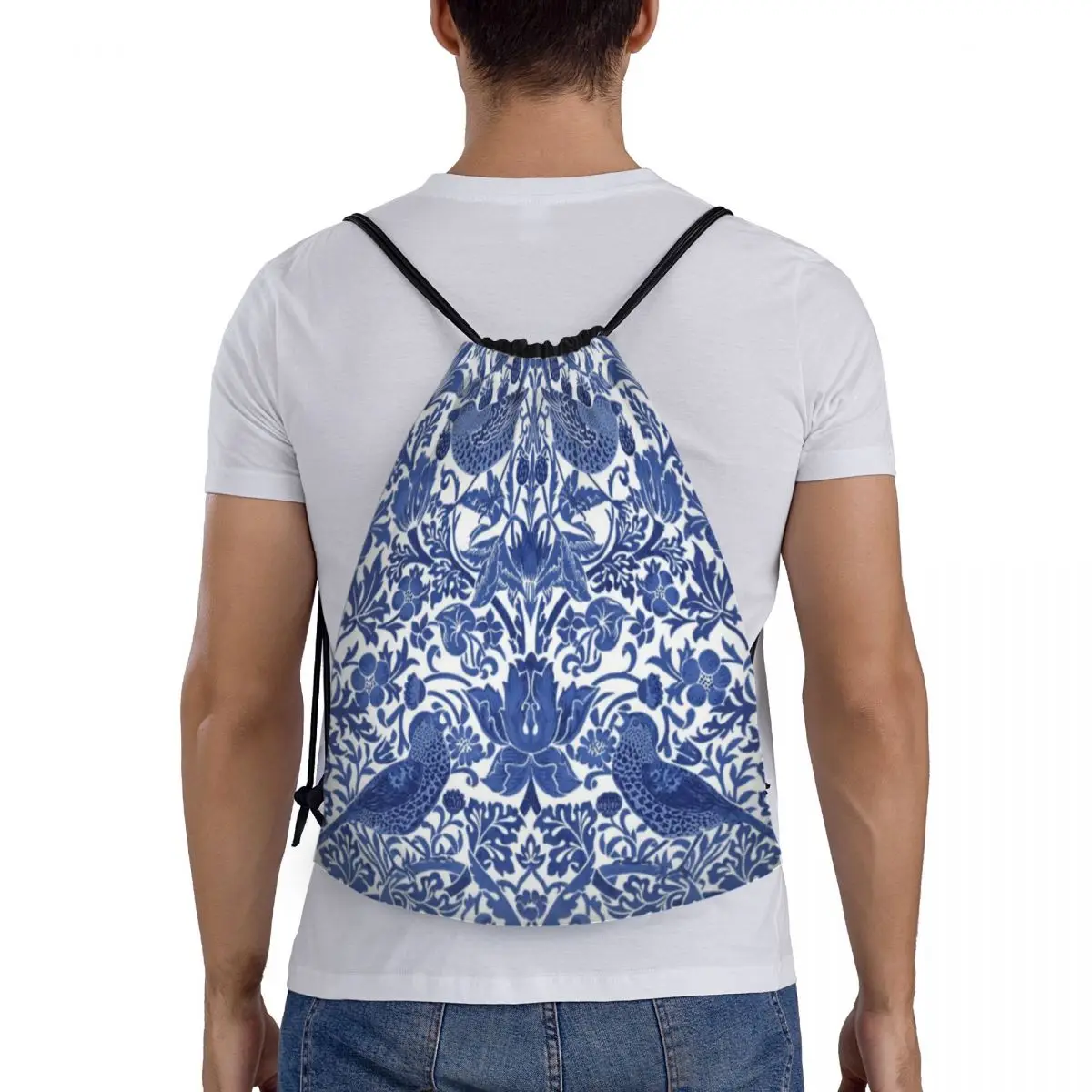 مخصص الخزف الأزرق الشرقية الطيور نمط الرباط حقيبة للتسوق اليوغا حقائب الظهر الرجال النساء Chinoiserie الرياضة الصالة الرياضية Sackpack