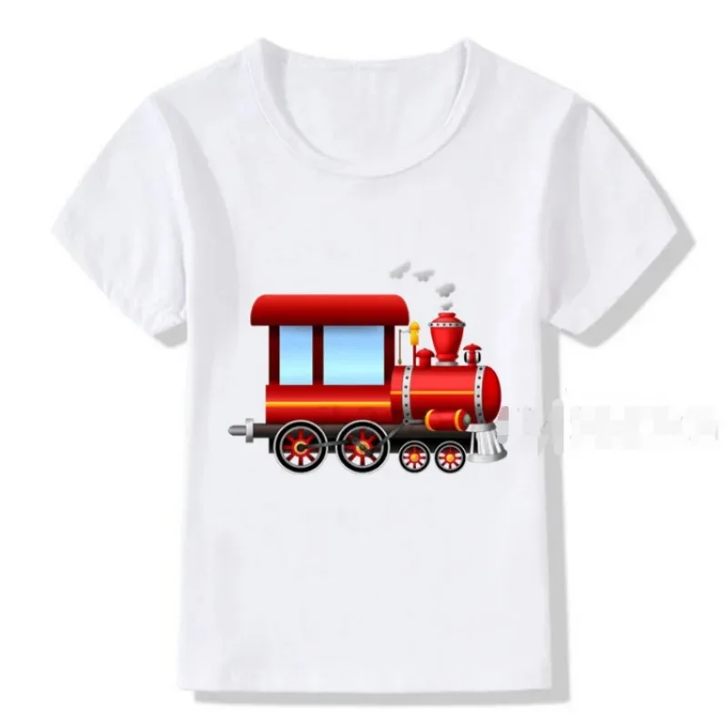 Camiseta blanca con dibujos animados para bebé, ropa divertida de tren de carga, a la moda ropa de calle, Tops para niños