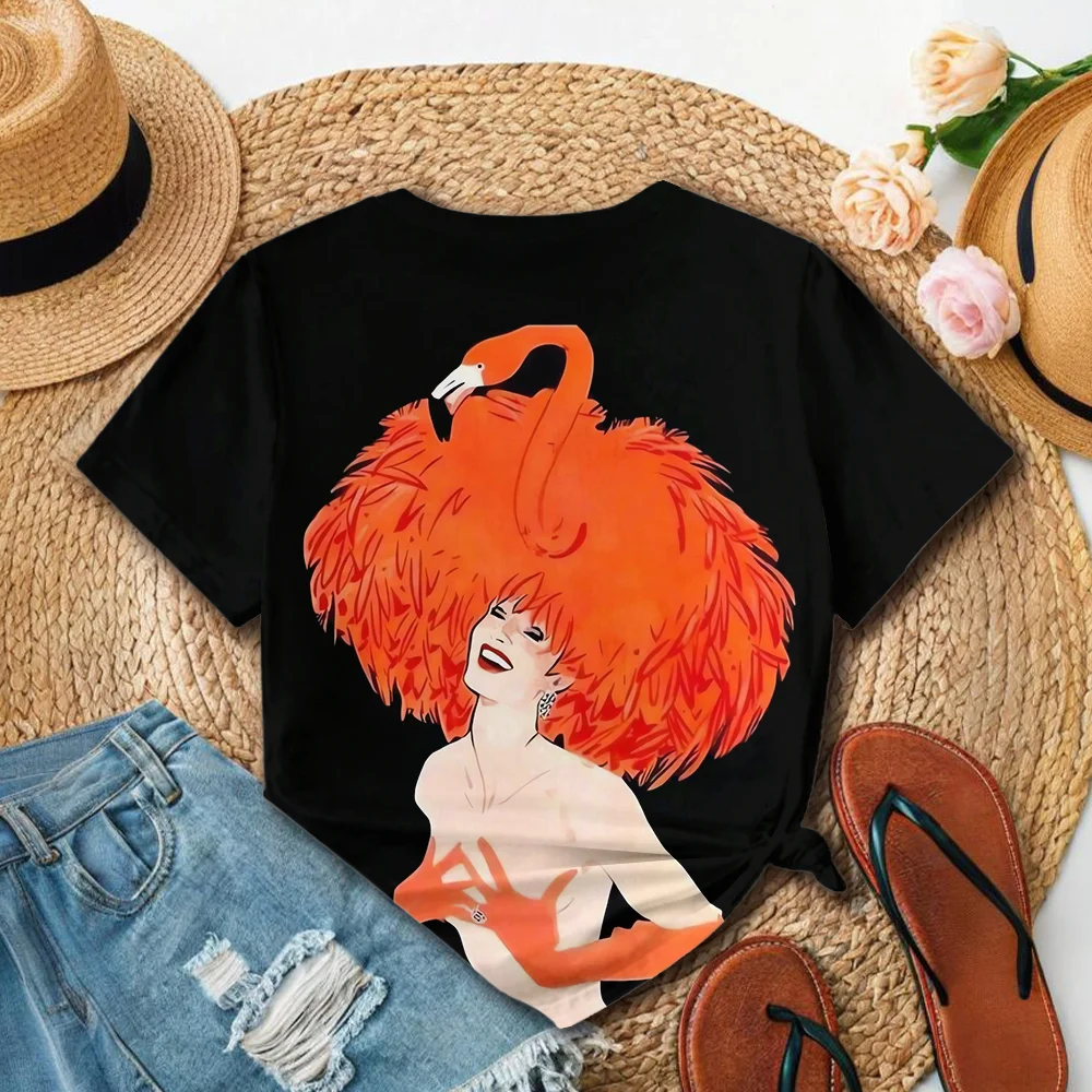 Camiseta con estampado de retrato naranja y negro para mujer, moda artística, informal, estilo veraniego, cuello redondo, manga corta