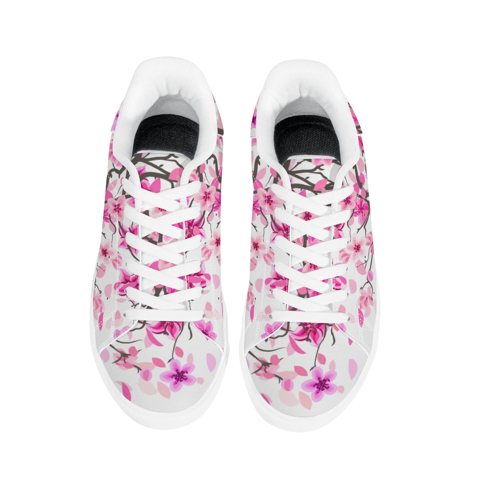 حذاء كاجوال أبيض بطباعة زهر البرقوق الوردي، حذاء رياضي عالي الجودة، حذاء نسائي، حذاء رياضي