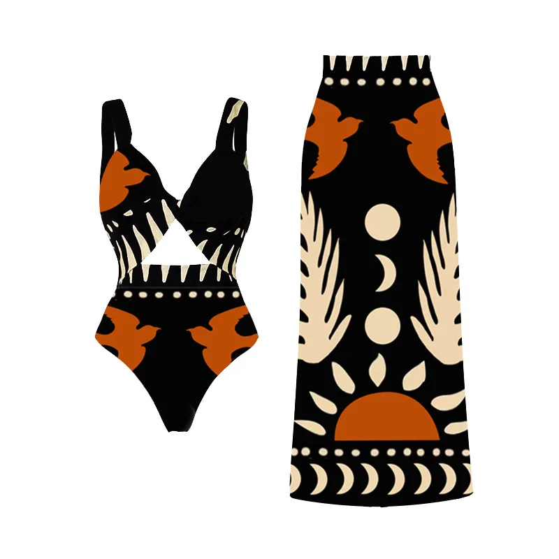 Women's Swimsuit Africa Sun and Moon Printing One Piece with Skirt