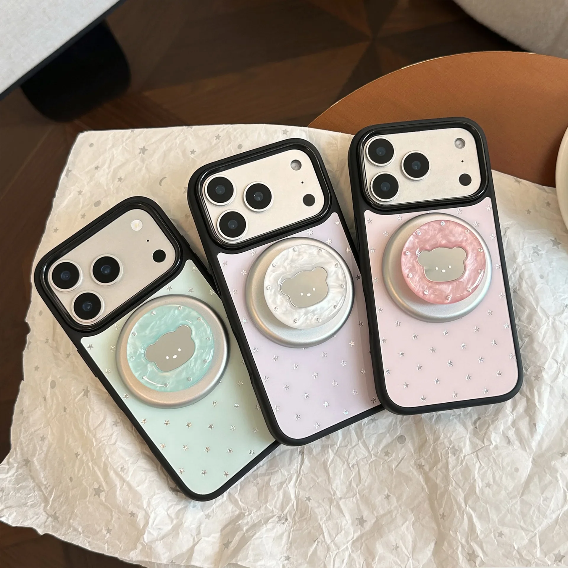 Coque de téléphone antichoc rigide avec support magnétique miroir motif ours de dessin animé, style stars coréennes, pour iPhone 17 Air 16 15 14 13 12 Pro Max