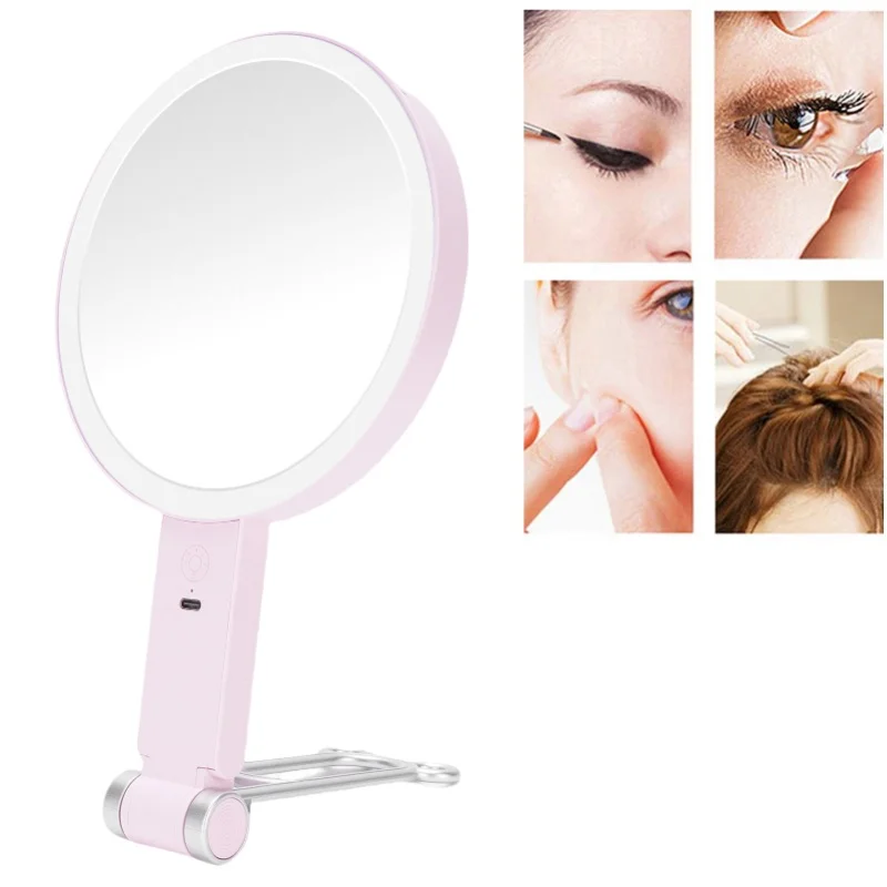 Lighted Magnifying Makeup Mirror Double Sided 1X 30X LED Mirror USB Rechargeable 3 Color Temperature Folding Round Shaped Pink