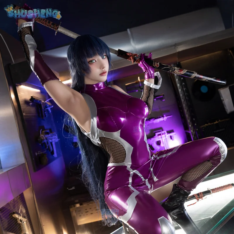 

Asagi Igawa Cosplay Costume Anime Igawa Asagi ZERO Purple leather jumpsuit gloves prop set Halloween party women sexy uniform