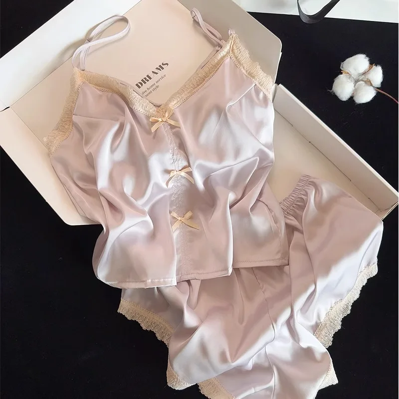 

Women Sexy Lace Trim Pajamas Set Satin Sleepwear Short Cami&shorts 2Pcs Home Clothes Lingerie Sleepwear Sleeveless Loungewear