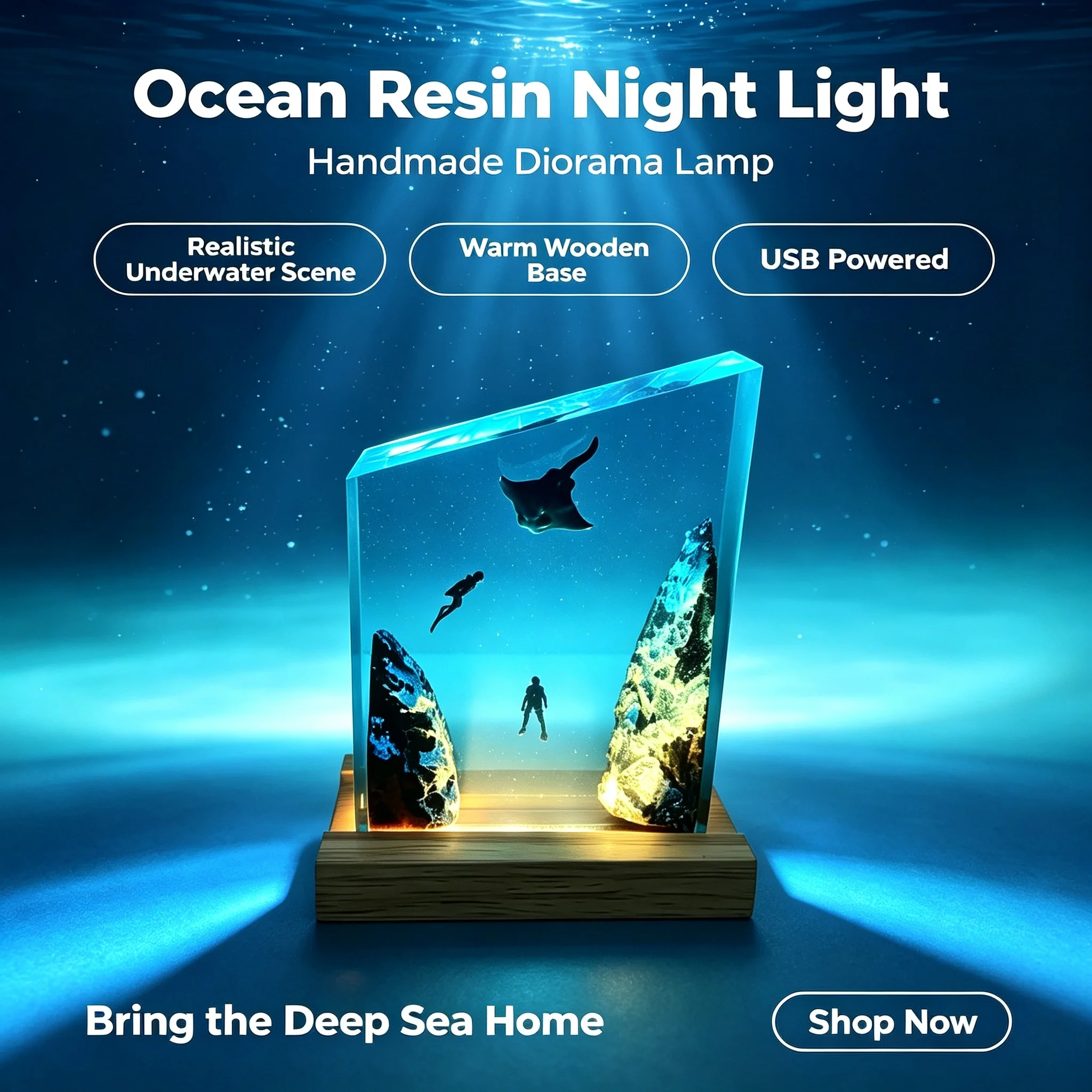 Ocean World Resin Night Light Manta Diver Landscape Desktop Ornament Ambient Lamp Home Art Craft Gift For Bedroom Decor