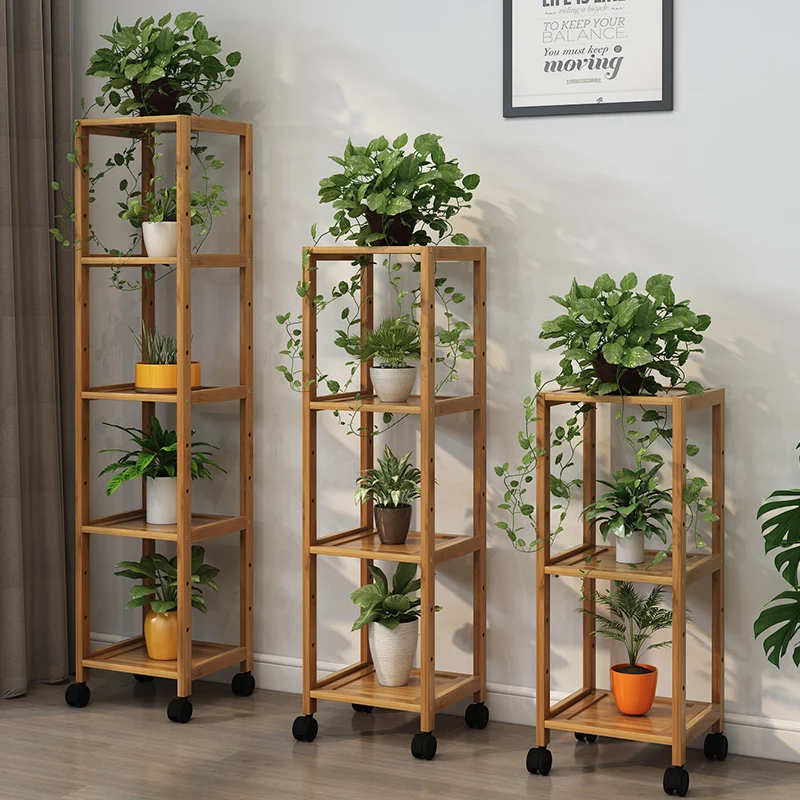 

Bamboo Multi-Storey Plant Stand, Modern Balcony Flower Rack with Wheels, Floor-to-Ceiling Indoor Storage Solution