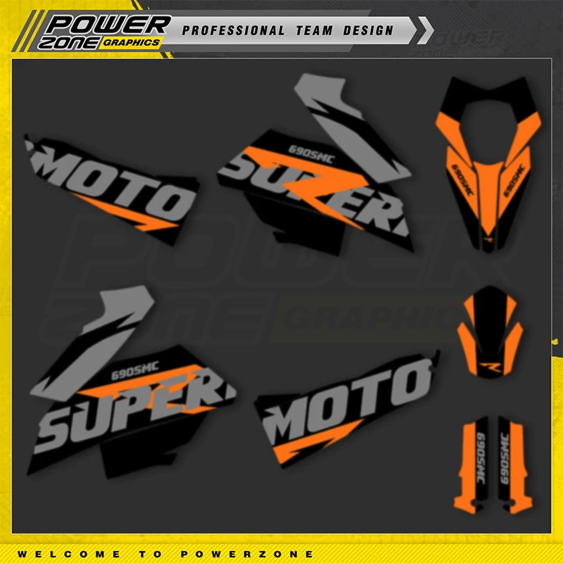พาวเวอร์โซนสติกเกอร์แบบกำหนดเองกราฟิกสำหรับ KTM 2007-2011 SMR 690R SUPERMOTO พื้นหลังสติ๊กเกอร์เรซซิ่งสติกเกอร์ไวนิลชุด
