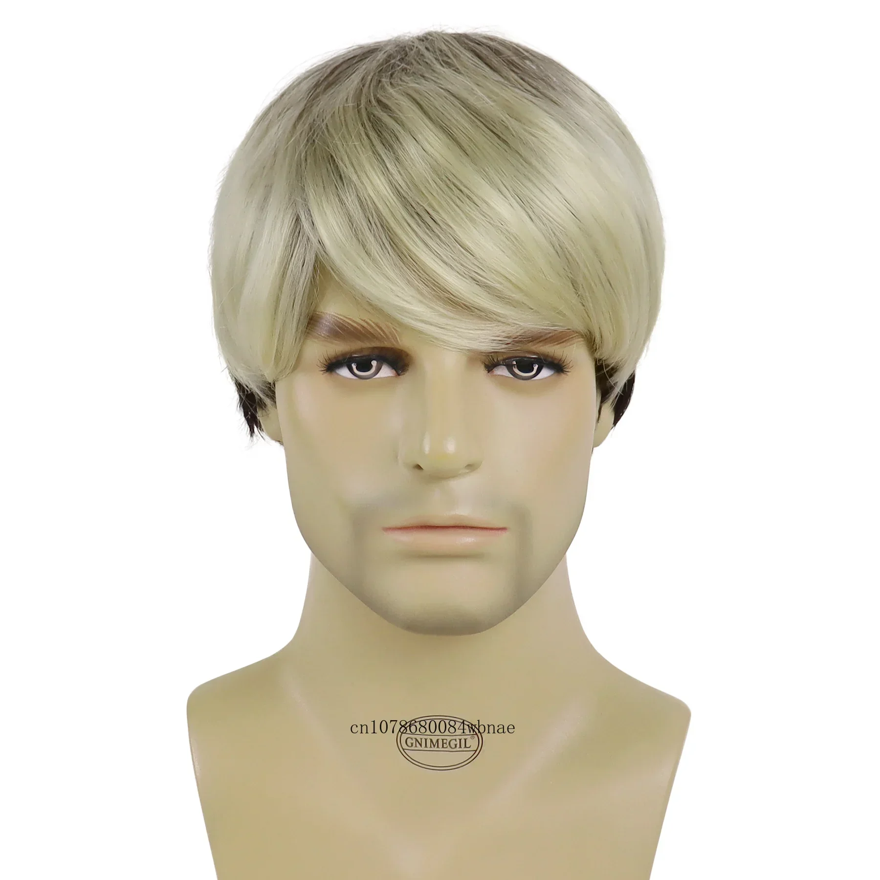 Short Light Blonde Synthetic Haircuts Wigs for Men Straight Dark Brown Mixed Gold Wig with Bangs Daily Fancy Dress Party Cosplay