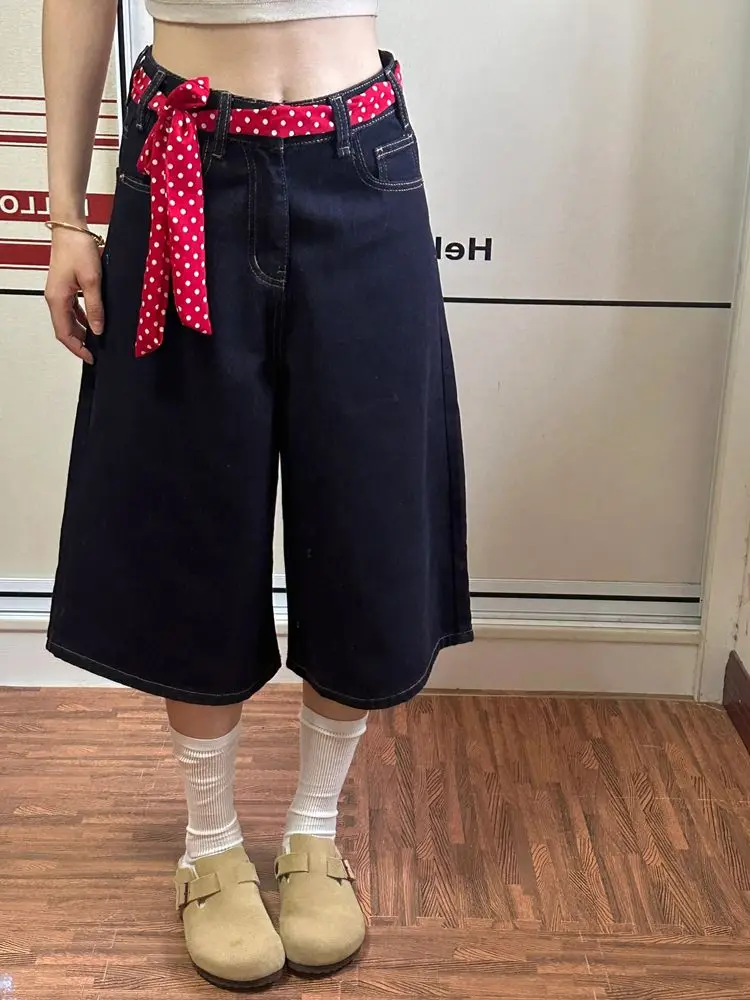 Women's High Waist Denim Bermuda Shorts Summer 2026 Casual Loose Wide Leg Jeans for Petite Curvy Figures Streetwear